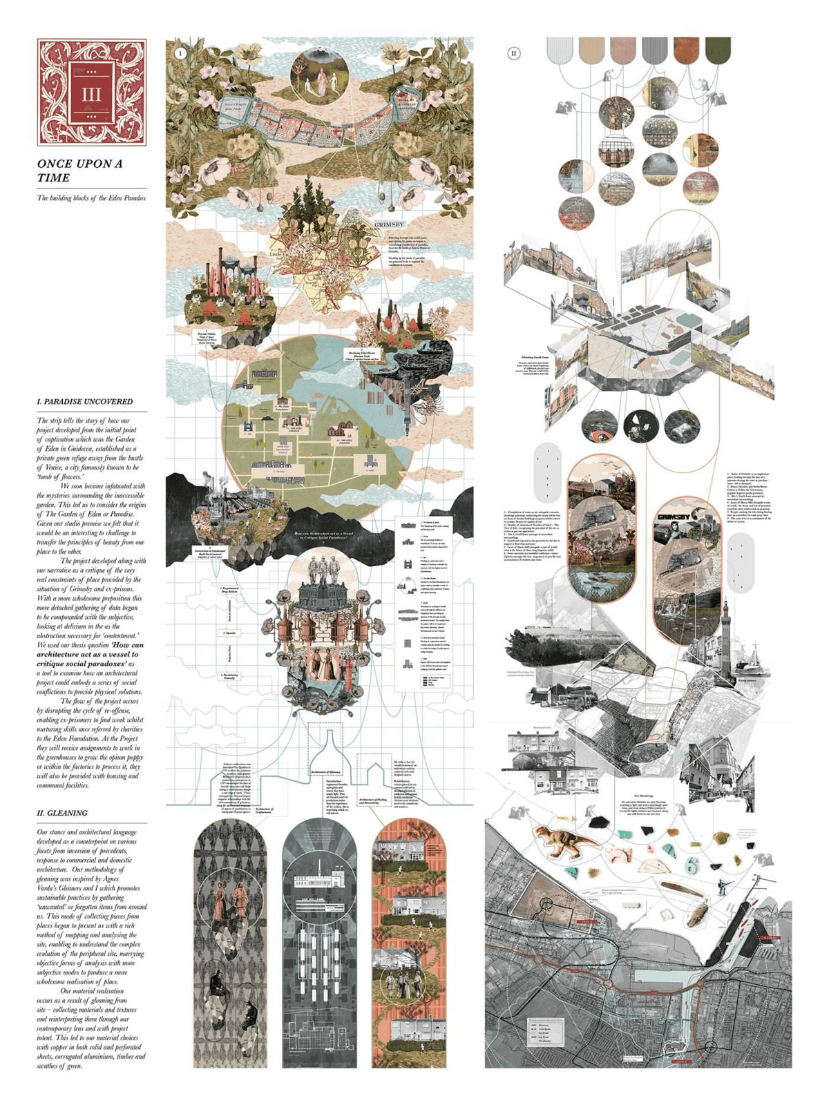 Architecture presentation board combining site research, mapping, diagrams, historic imagery, and material studies