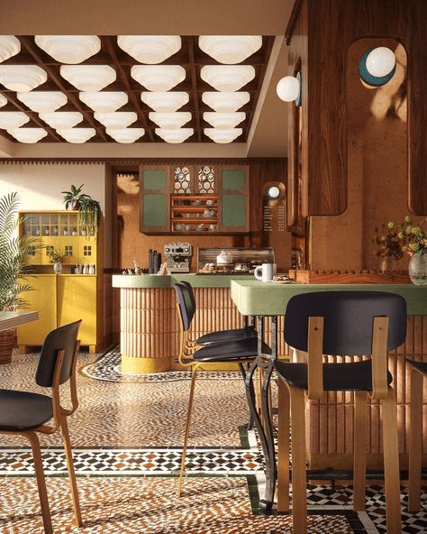 Warm hospitality interior reference with patterned floor tiles, wood panelling, green joinery, and layered lighting