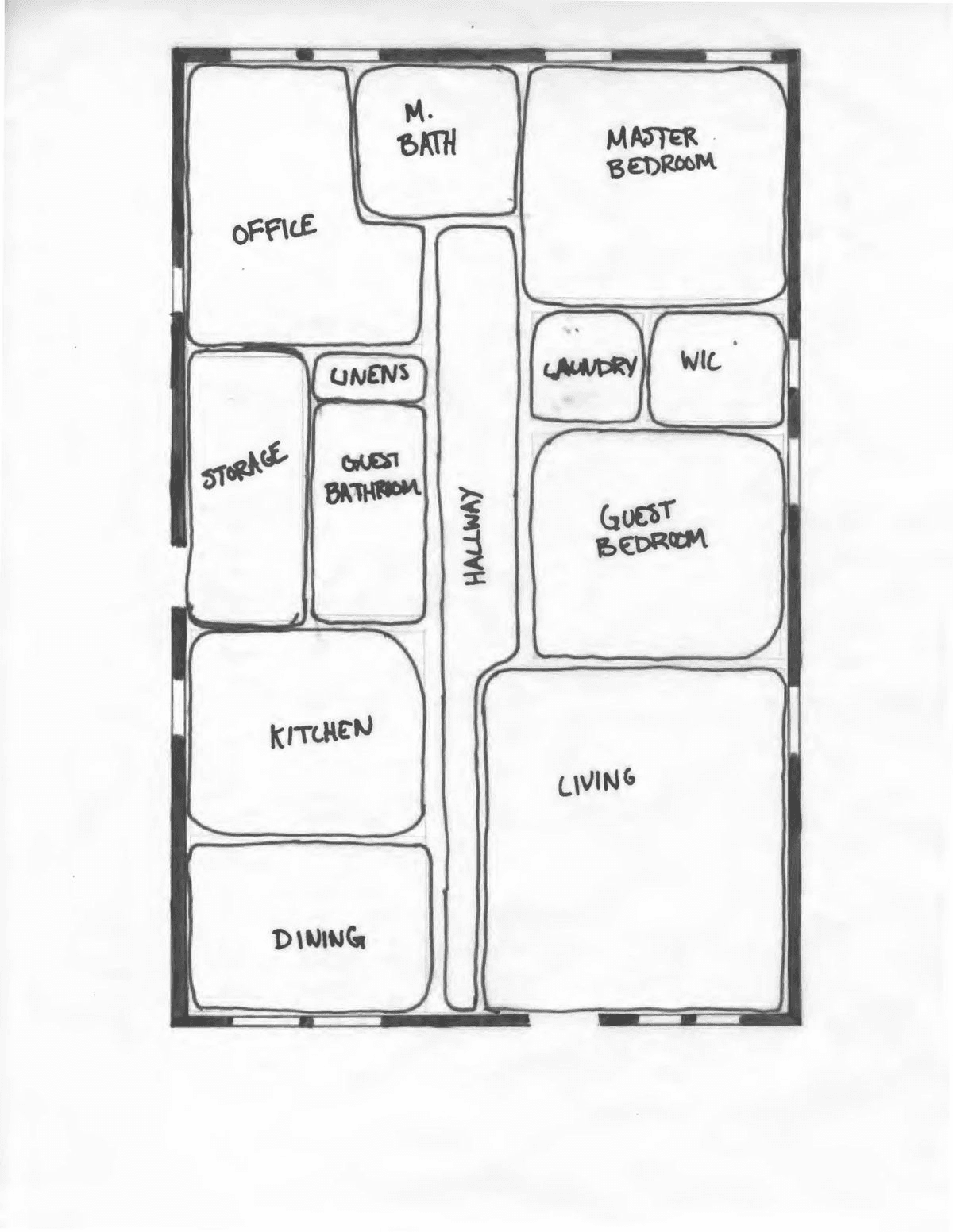 Hand-drawn residential floor plan showing a central hallway, bedrooms, kitchen, dining, and living areas